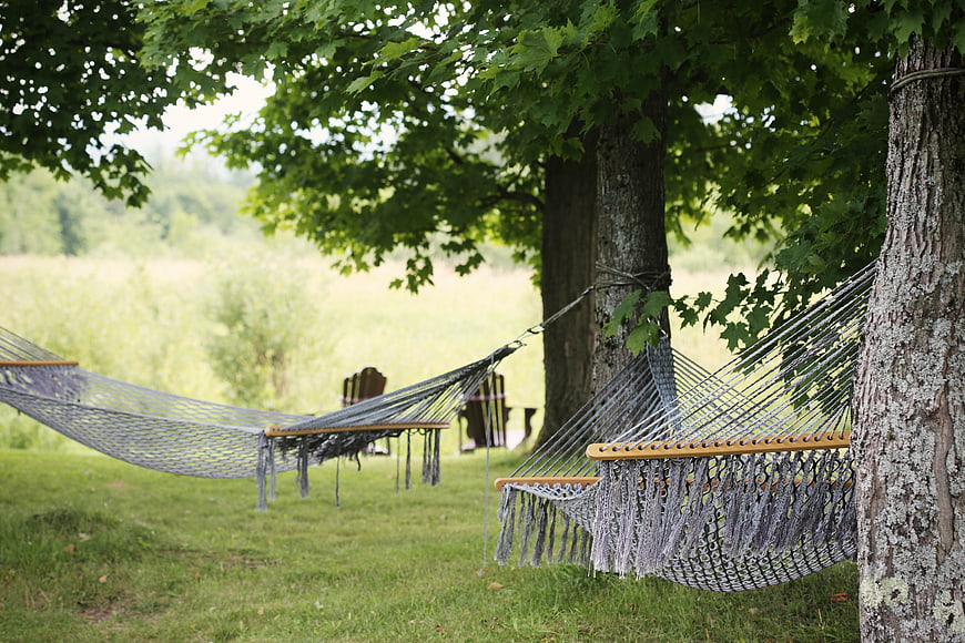 Relaxing Hammocks Hanging Between Trees in Green Summer Garden