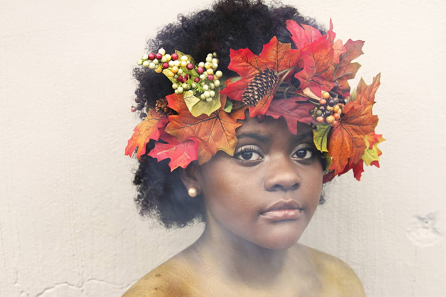 Woman with autumn leaf crown portrait