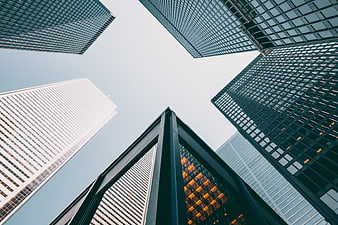 Low Angle View of Modern Skyscrapers and Glass Architecture