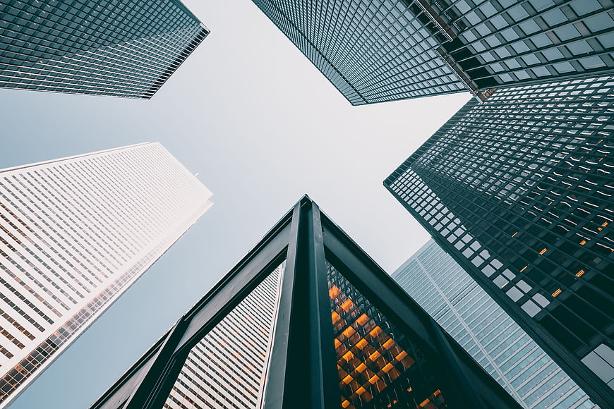 Low Angle View of Modern Skyscrapers and Glass Architecture