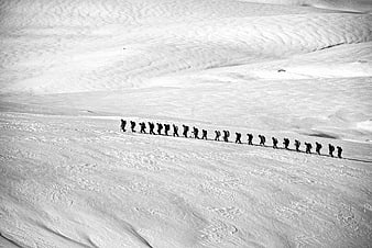 Silhouettes of Hikers Traversing Vast Snowy Landscape