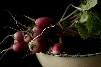 Fresh Harvested Radishes with Roots in Rustic Bowl