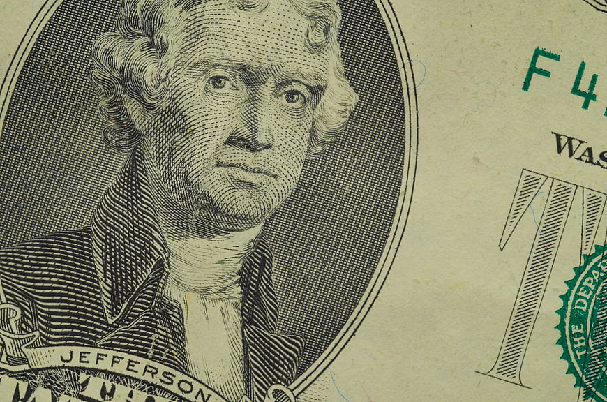 Close-up of Thomas Jefferson on a US Two Dollar Bill
