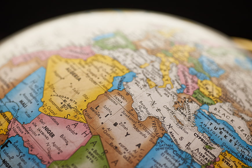 Close-up of a colorful globe showing North Africa and the Middle East