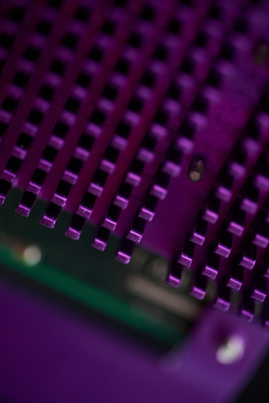 Close-up of purple computer cooling fan blades