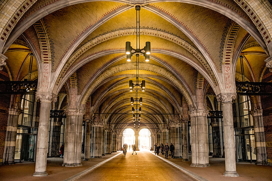 Rijksmuseum underpass with brick arches and stone columns