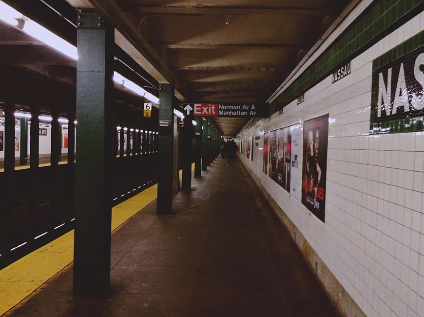 Empty Nassau Street subway station platform in New York City