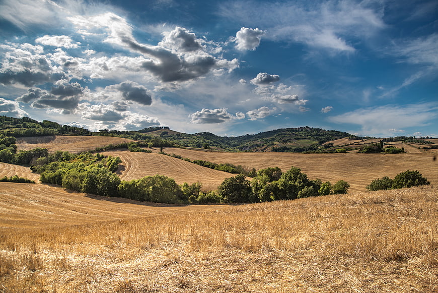 Golden Harvested Fields in Rolling Italian Hills Under Blue Sky