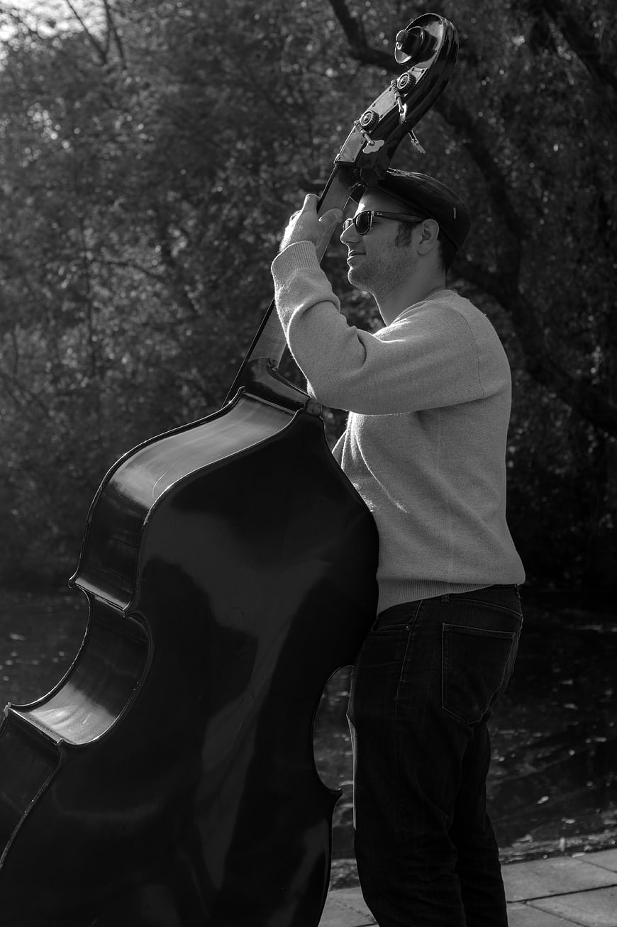 Musician with Double Bass in Black and White