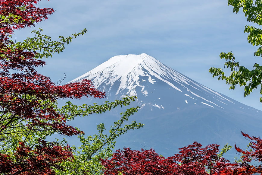 Mount Fuji with red maple leaves in autumn