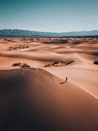 Aerial view of lone hiker walking on vast desert sand dunes