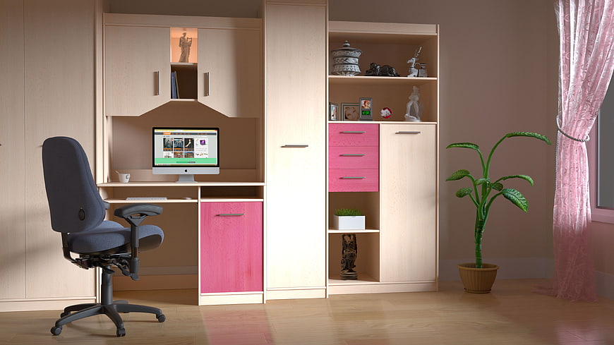 Modern Home Office with Pink and Beige Furniture