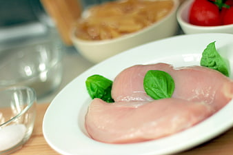 Raw Chicken Breast with Basil Leaves on White Plate