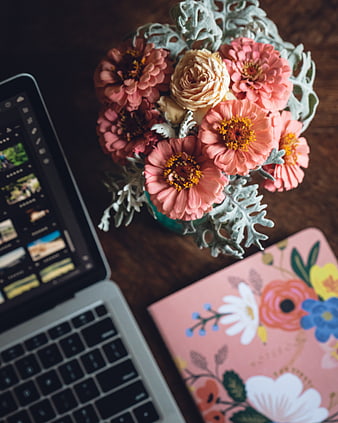 Pink Zinnia Bouquet on Wooden Desk with Laptop and Notebook