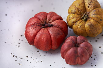 Miniature Decorative Pumpkins on Speckled White Background