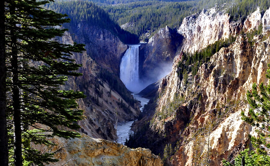 Majestic waterfall cascading into a deep canyon surrounded by pine trees