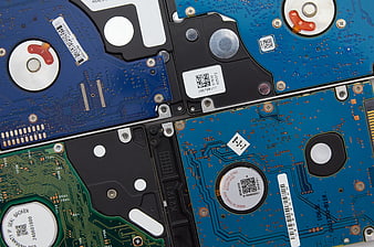 Close-up of disassembled hard drive circuit boards
