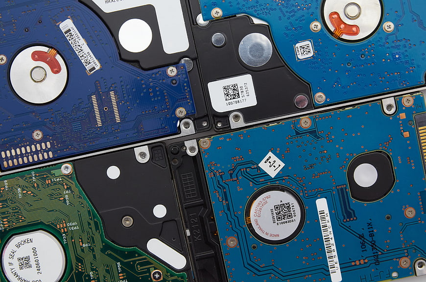 Close-up of disassembled hard drive circuit boards