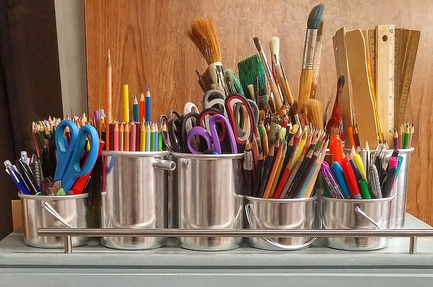 Stainless Steel Art Supply Organizer with Pencils and Brushes