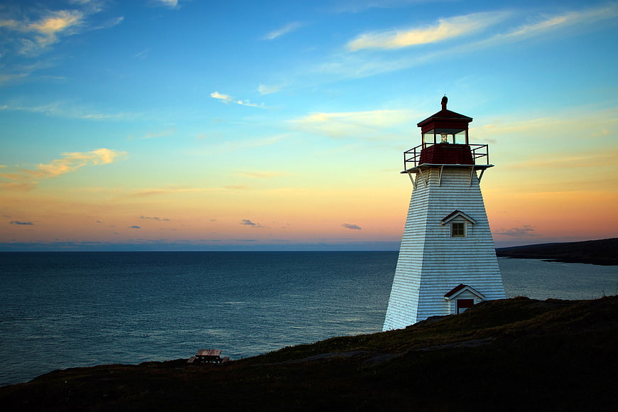 White Lighthouse on Cliff at Sunset Over Ocean