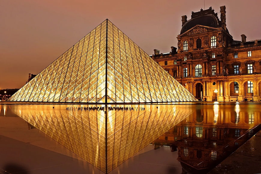 Louvre Pyramid Reflection at Night in Paris