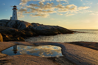 Lighthouse on Rocky Coast with Tide Pool Reflection at Sunset