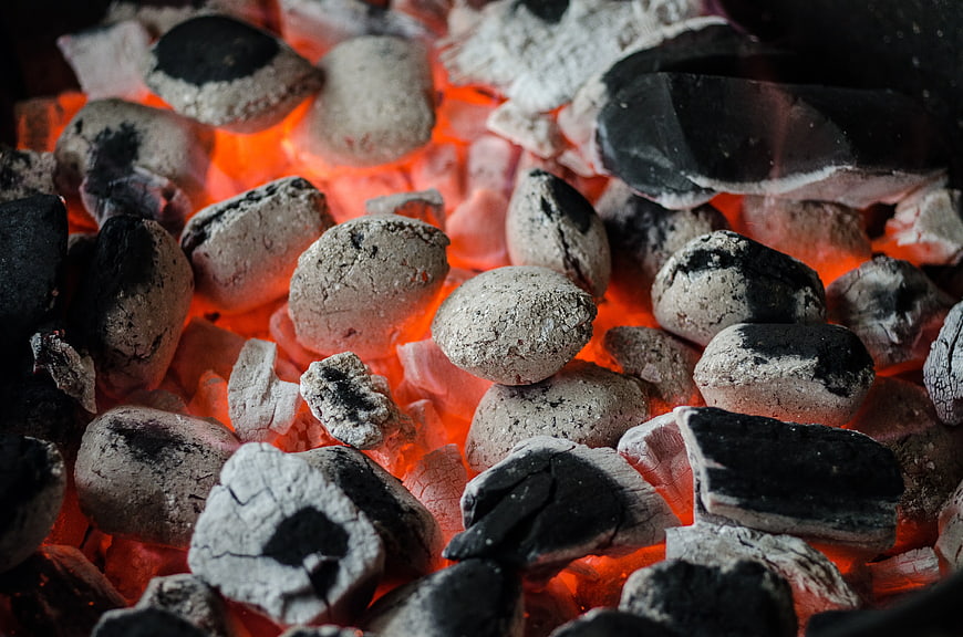 Glowing charcoal embers for BBQ and grilling