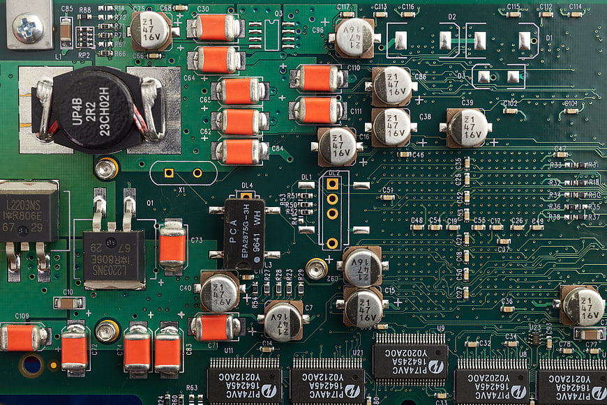 Close-up of green computer motherboard circuit board
