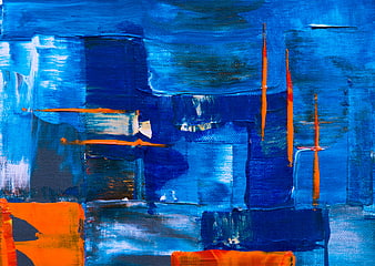 Abstract Blue and Orange Acrylic Painting with Textured Brushstrokes