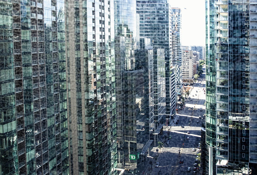 High-angle view of modern glass skyscrapers in downtown city