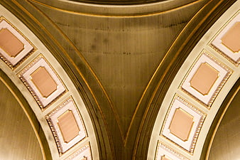 Symmetrical Gold and Cream Vaulted Ceiling Architecture