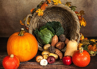 Autumn Harvest Vegetables Spilling from Wicker Basket