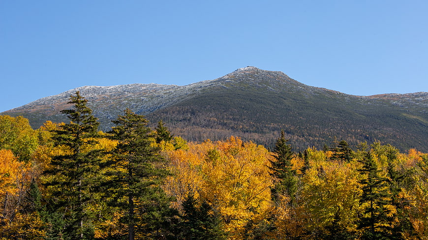 Snow-capped mountain peak above vibrant autumn forest foliage
