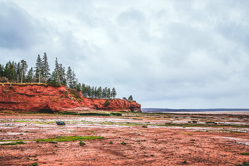 Red sandstone cliffs and tidal flats coastal landscape
