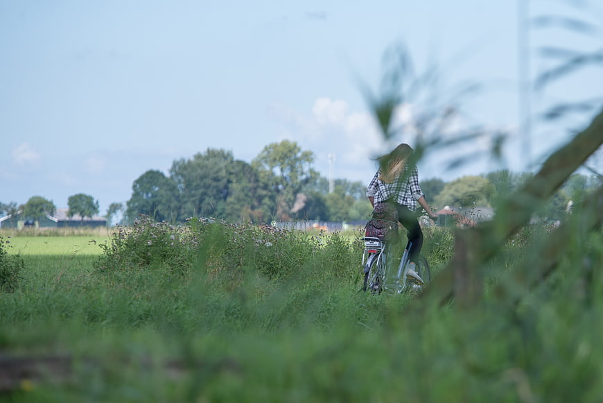 Woman Cycling Through Green Field in Summer