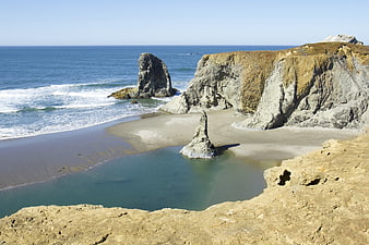 Scenic coastal landscape with sea stacks and sandy beach