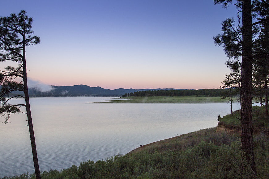 Serene Lake Landscape at Dawn with Pine Trees and Mist
