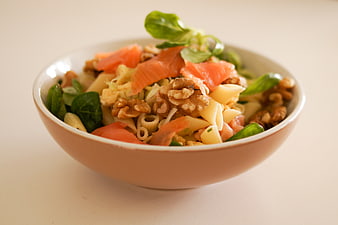Healthy Salmon Pasta Salad with Walnuts and Spinach