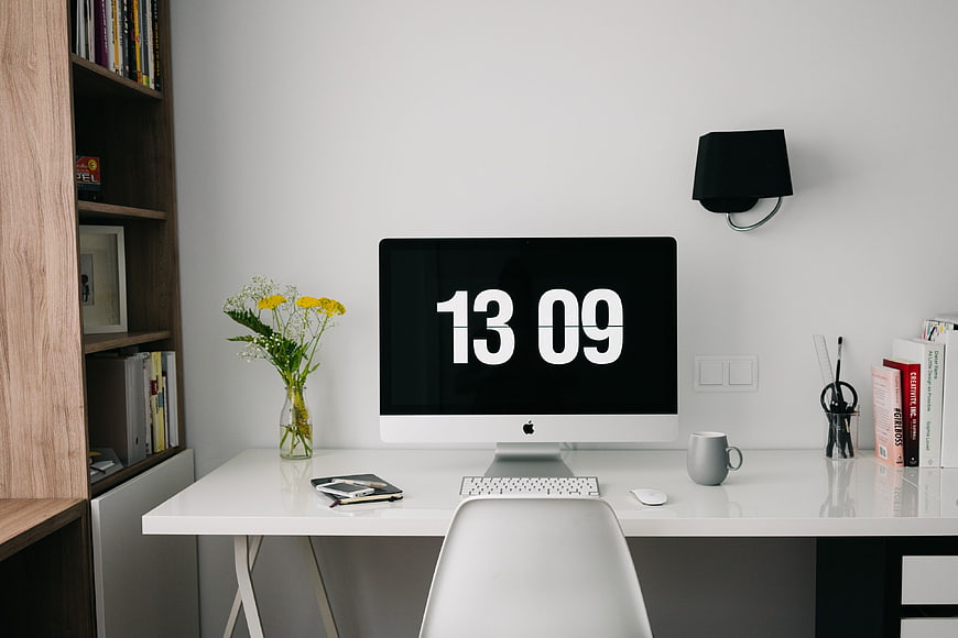 Modern White Home Office Desk with iMac and Yellow Flowers