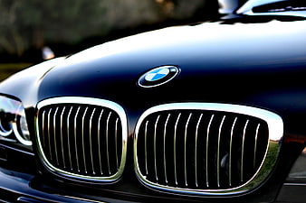 Close-up of Black BMW Car Grille and Emblem