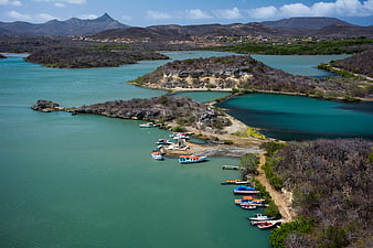 Aerial View of Santa Martha Bay with Boats in Curacao