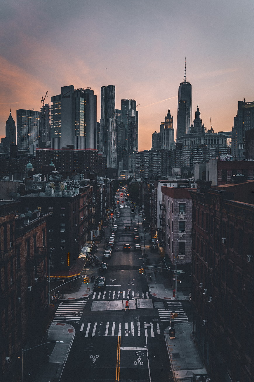 New York City Skyline at Dusk with Street View