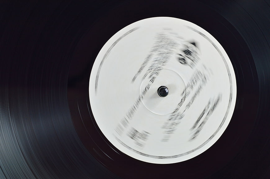 Spinning vinyl record close-up with motion blur