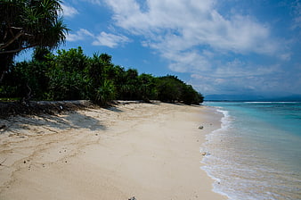 Tropical sandy beach with turquoise water and lush green vegetation