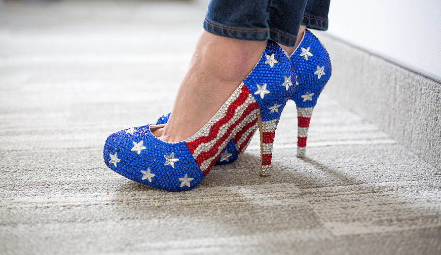 American Flag Rhinestone High Heels on Carpet