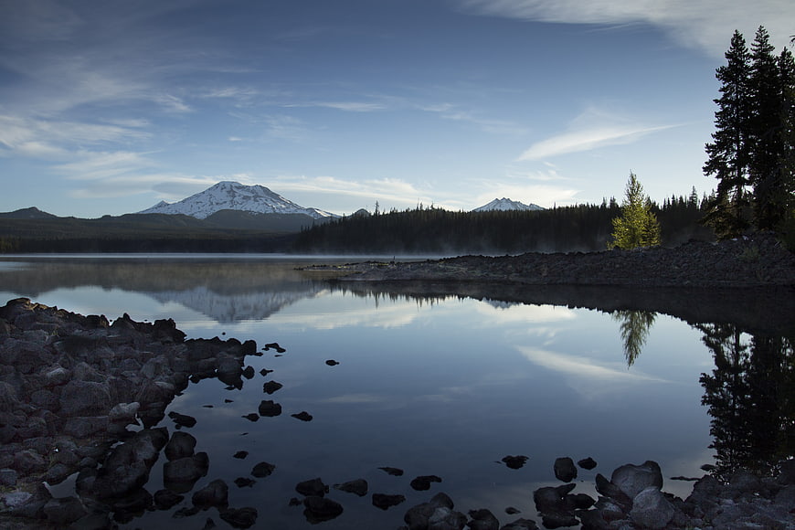 Serene Mountain Lake Reflection with Snow-Capped Peaks