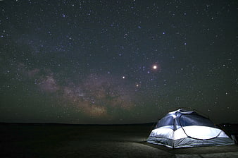 Camping Tent Under Milky Way Starry Night Sky