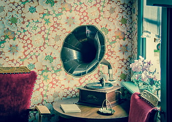 Vintage Gramophone in Retro Floral Room