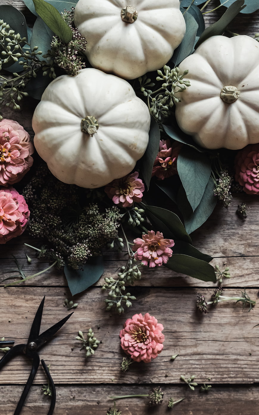 Rustic white pumpkins and pink flowers flat lay on wood
