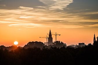 Sunrise over Groningen skyline with Martini Tower silhouette